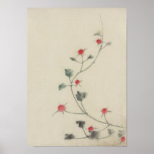 葛飾北斎 Small Red Blossoms On A Vine, Hokusai Print