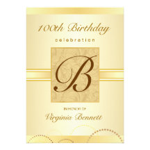 100th Birthday Party Gold Damask Monogram Custom Invite