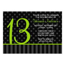 13th Birthday Lime Green Black Polka Dot Stripes Announcements