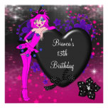 13th Birthday Party Black Heart Fairy Pink Stars Personalized Announcement