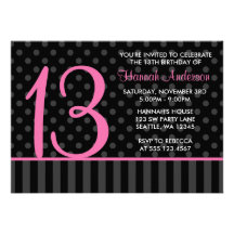 13th Birthday Pink and Black Polka Dot Stripes Personalised Announcement