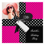 13th Birthday Polka Dot Hot Pink Black White Personalized Invitation