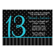 13th Birthday Teal Blue Black Polka Dot Stripes Personalized Announcement
