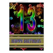 13th Birthday with rainbow bubbles and fireworks Greeting Cards