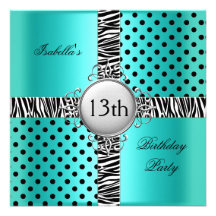 13th Teen Birthday Party Teal Blue Black Zebra Invites