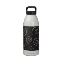 154 BLACK BACKGROUND WHITE SWIRLS DIGITAL PATTERN DRINKING BOTTLE