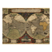 1595 Vintage World Map by Jodocus Hondius Announcements