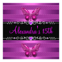 15th Birthday Party Purple Pink Butterfly Personalised Announcement