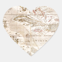 1732 Herman Moll Map of the West Indies Florida Heart Stickers