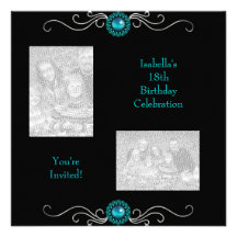 18th Birthday Photos Black Silver Green Blue Jewel Personalized Invitation