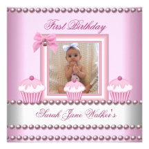1st Birthday Girl Pink Cupcakes White Pearl Baby Personalised Invites