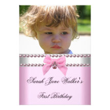 1st Birthday Girl Pink White Pearl Photo First Custom Invites