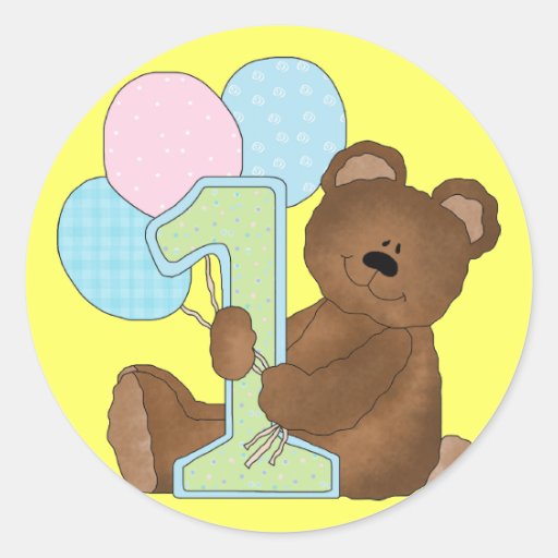 1st Birthday Teddy Bear (3) Round Sticker Zazzle