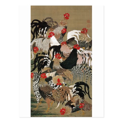 20. 群鶏図, 若冲 Flock of Roosters, Jakuchu Post Card