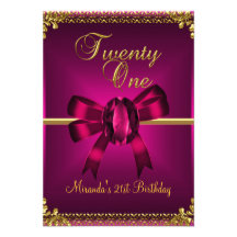 21st 21 Birthday Deep Pink Gold Gem Jewel Bow Personalized Invites