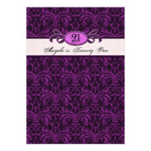 21st Birthday for a Gothic Girl, Fuschia Damask Personalized Invites