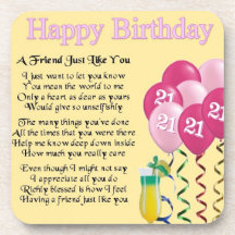 21st birthday - friend poem coaster