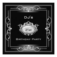 21st Birthday party  Black Silver White Art Deco Custom Invite