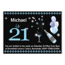 21st Birthday Party Invitations - Black & Blue