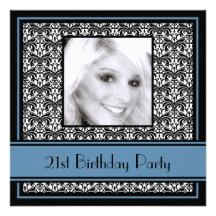 21st Birthday Party Invitations Damask Blue
