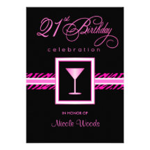 21st Birthday Party Invitations - Hot Pink Zebra