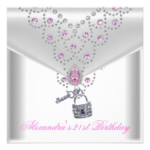 21st Birthday Party Overlay Pink Jewel Key Lock Personalized Invites