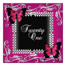 21st Birthday Party Pink Black Butterflies Silver Custom Invite