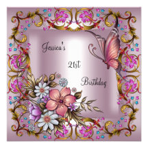 21st Birthday Party Pink Floral White Butterfly Personalized Invite