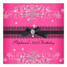 21st Birthday Party Pink Glitter Black Bow Jewel Custom Invite