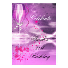 21st Birthday Party Purple Champagne Glass Bow Personalised Invites