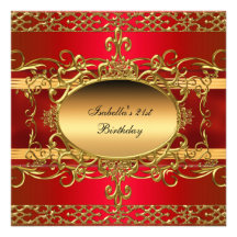 21st Birthday Party Rich Red Gold Flourish Custom Announcement