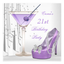 21st Birthday Party White Lilac Martini Pearl Shoe Custom Invitation