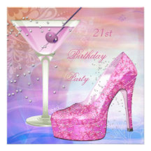 21st Birthday Party White Pink Blue Martini Shoe Invite