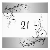 21st Birthday Party White Silver Black Floral Personalized Invitation