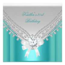 21st Birthday Party White Teal Blue Diamond Personalized Announcements