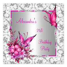 21st Birthday Pink Floral Butterfly Silver White Invitation