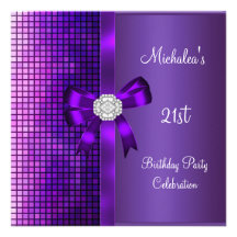 21st Birthday Sequins Purple Diamond Bow Personalized Invitation