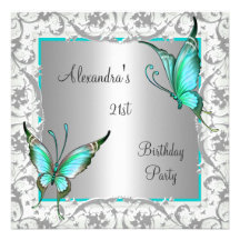 21st Birthday Teal Floral Butterfly Silver White Personalised Announcement