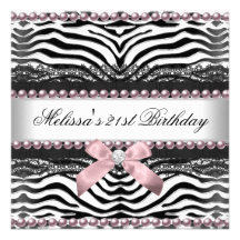 21st Birthday Zebra Pink White Black Lace Personalized Announcements