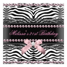 21st Birthday Zebra Pink White Black Lace Pearl Custom Invitations