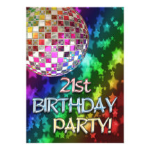 21st invitation with disco ball and rainbow stars