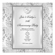 25th Anniversary Party Damask Silver White 2 Personalized Invitation