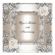 25th Anniversary Wedding Cream Rose Silver Party Personalised Announcements