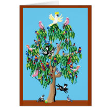 2 crimson rosellas, and a cockatoo up a gumtree greeting card