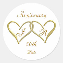 2 hearts Monogram Golden Wedding Anniversary Round Stickers