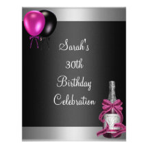 30th Birthday Balloons Champagne Silver Pink Custom Invites