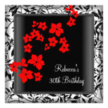 30th Birthday Elegant Asian Red Flowers White Personalised Invitations