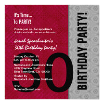30th Birthday Modern Red Silver Black W1480 Invitations