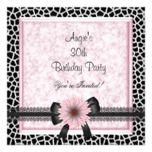 30th Birthday Party Black Giraffe Pink Floral Bow Invitation