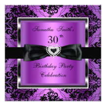 30th Birthday Party Purple Damask Silver Black Custom Invites